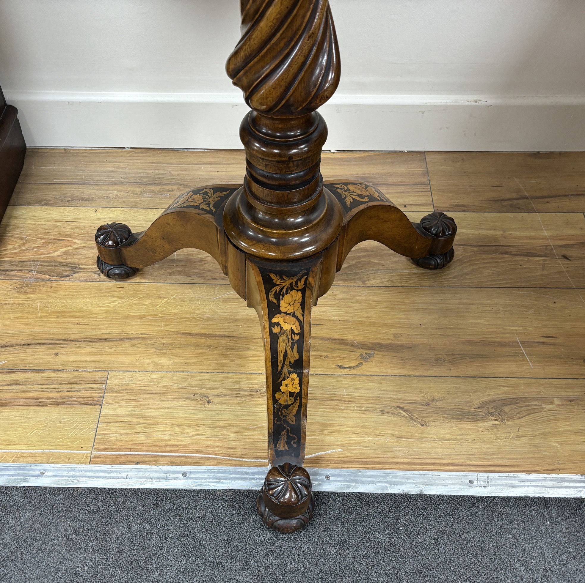 A 19th century Italian floral marquetry burr walnut circular tripod table, diameter 70cm, height 75cm